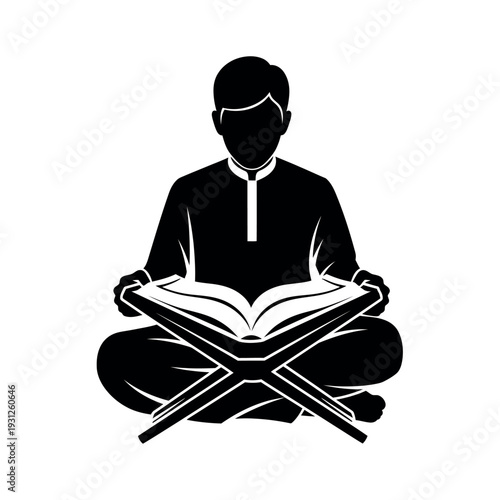 Muslim man reading Quran on rehal.