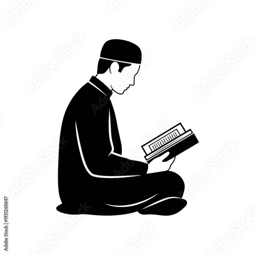 Muslim man reading Quran in traditional attire.
