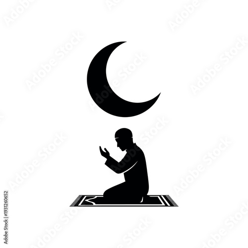 Muslim Man Praying Under Crescent Moon Silhouette.