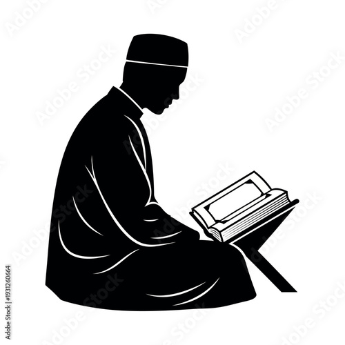 Muslim man reading Quran silhouette.