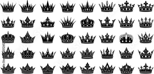 Collection of forty black crown silhouette icons in diverse regal styles, luxury royal symbols for heraldry, fantasy artwork, historical design, and decorative graphic projects