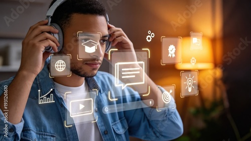 Plakat Young man wearing headphones with virtual e learning interface,online education technology,digital training platform and knowledge development concept