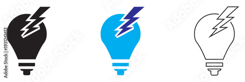 Electricity icon. Minimal flat design illustration featuring electric icons in black, blue, and white variations on light background.