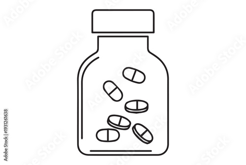Medicine bottle with scattered pills outline
