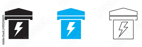Electricity icon. Minimal flat design illustration featuring electric icons in black, blue, and white variations on light background.