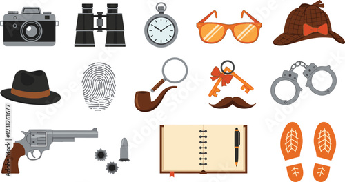 Detective and Crime Investigation Icons Set with Camera Handcuffs Gun and Clues, Flat Mystery Vector Collection