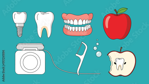 Comprehensive set of dental health elements including natural teeth, implants, dentures, floss, and an apple for oral hygiene representation on a teal background.