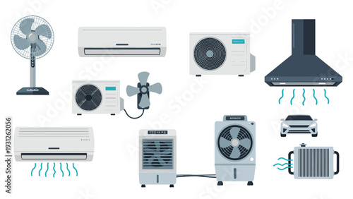 Comprehensive collection of various cooling and ventilation devices, including standing fans, air conditioners, an exhaust hood, and a car radiator.