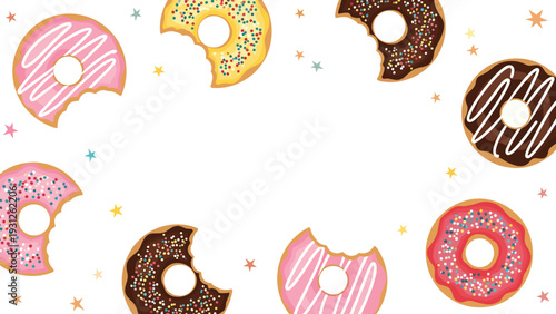 Festive border of colorful, bitten doughnuts adorned with sprinkles, framing a central white empty space, accented by scattered stars.