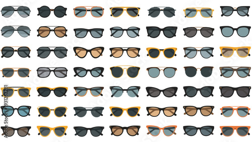Extensive array of stylish sunglasses in various shapes, colors, and designs, ideal for fashion, sun protection, and summer themes.