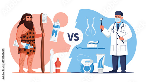 Humorous comparison illustration contrasting ancient caveman dental hygiene with modern dentist-led oral care and advanced tools.