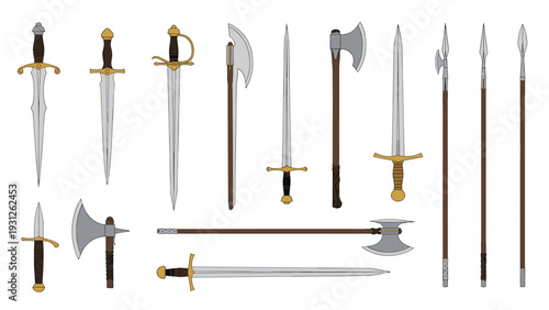 Extensive collection of various medieval weapons including swords, axes, and spears, showcasing historical combat armaments.