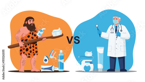 Humorous comparison illustration contrasting ancient caveman dental hygiene with modern dentist-led oral care and advanced tools.