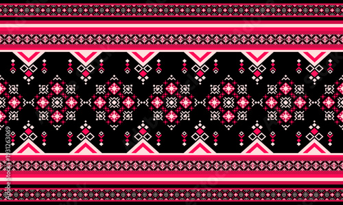 Luxury tribal geometric carpet pattern with ethnic folk ornament, modern boho rug design in black, red and pink color. 