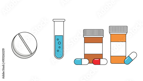 Essential collection of various medical pills, capsules, and prescription bottles, symbolizing pharmacy, healthcare, and medication.