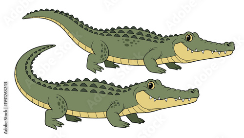 Realistic and detailed illustrations of two crocodiles, showcasing their powerful presence and natural habitat in the wild.