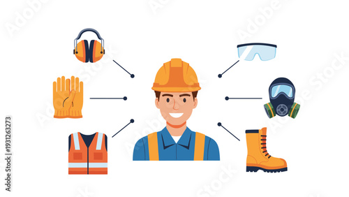Illustration of a construction worker smiling with personal protective equipment, emphasizing workplace safety and health protocols.