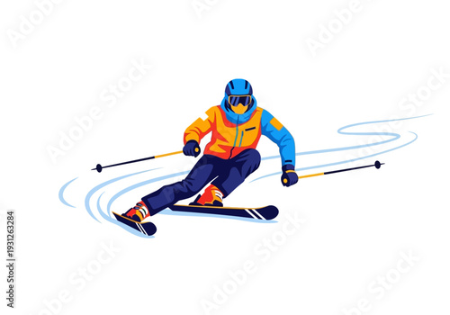 A skier in action, carving through snow on a mountain slope with skis and poles, captured from a dynamic side view.