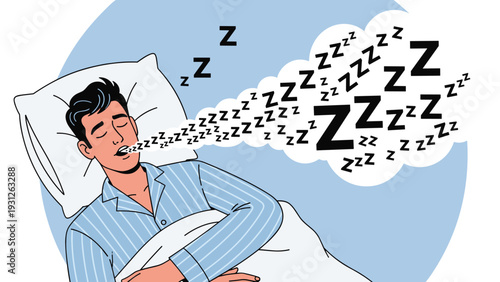 Illustration of a man sleeping soundly in bed, emitting many Z's to symbolize loud snoring or deep slumber.
