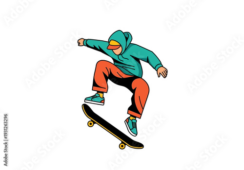 A skateboarder in mid-air performs a trick on a skateboard, viewed from the side in a dynamic illustration