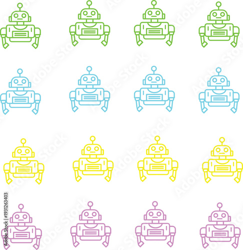 Artificial intelligence robot and chatbot icon set. Vector illustration of cute linear robots in various colors representing automation, customer support, and futuristic technology.