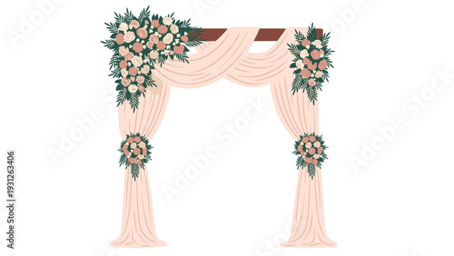 Beautiful wedding arch decorated with elegant drapes and lush floral arrangements in soft blush and ivory tones, perfect for a romantic ceremony.
