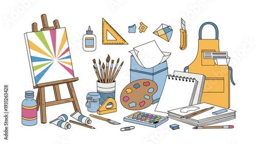 Extensive array of art supplies, including an easel with a canvas, paint tubes, brushes, a palette, and paper, perfect for creative expression.