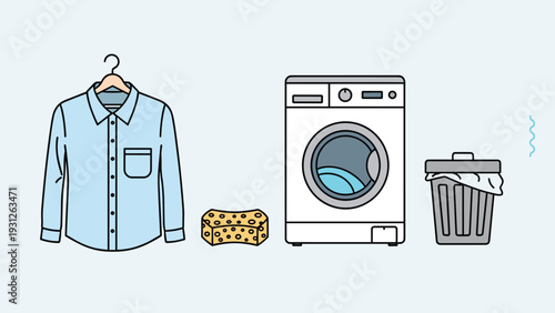 Essential laundry items arranged neatly, including a clean shirt on a hanger, a sponge, a washing machine, and a full trash can, symbolizing washing day.