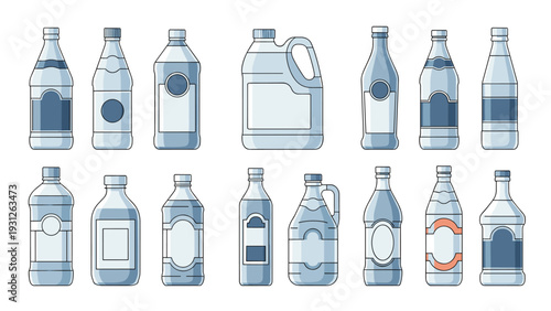 Extensive collection of various clear and opaque bottles and containers with labels, suitable for displaying liquids such as beverages or cleaning products.