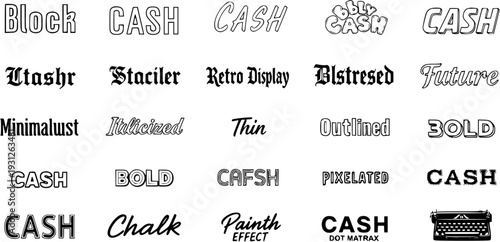 Diverse Font Styles and Text Effects Showcase: A typography collection featuring examples like Block, Retro, Italicized, Bold, Outlined, Pixelated, Chalk, Paint, and Dot Matrix text variations.