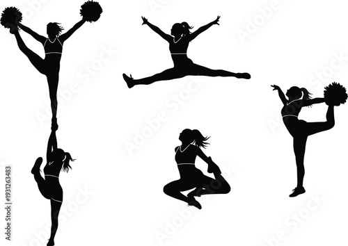 Black silhouettes of cheerleaders in various poses with pom poms
