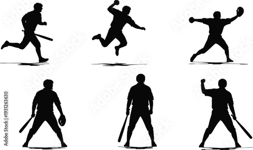 Black silhouettes of baseball players in various poses white background sports