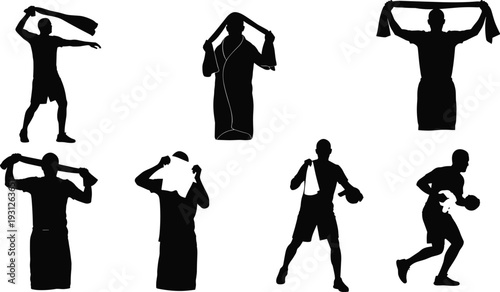 Black silhouettes of people exercising with towels and dumbbells fitness