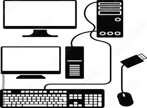 Desktop computer workstation silhouette set, monitor keyboard and mouse, digital office pc hardware vector illustration