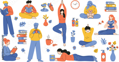 Relaxing People Lifestyle Set with Reading Yoga and Self Care Activities, Cozy Home Routine Vector Illustration Collection