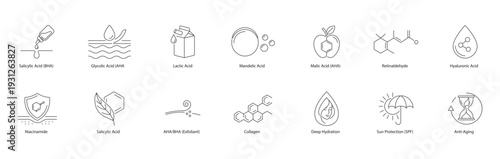 Cosmetic Dermatology Actives Vector Icons: AHA/BHA Exfoliating Acids, Retinoids, and Sun Protection Line Art