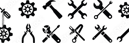 Black silhouette mechanic tool icons collection featuring screwdriver gear hammer crossed wrenches pliers and spanner isolated on white background vector illustration for repair service design
