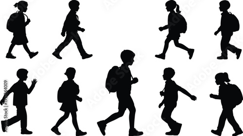 School children walking with backpacks silhouettes set isolated on light background, boys and girls students in motion for education and back to school design
