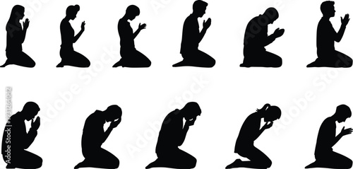 Praying people silhouettes collection isolated on light background, men and women kneeling in prayer poses for religion, faith, worship and spirituality design