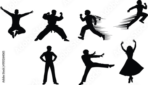 Black silhouette human figures in motion, running, jumping, martial arts,