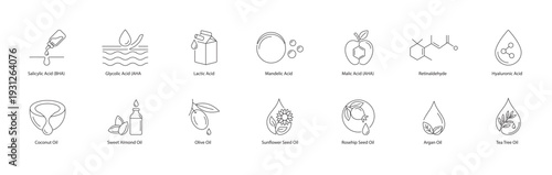 Alpha Hydroxy Acids and Essential Skincare Oils Vector Icons: Glycolic Acid, Retinaldehyde, and Botanicals Line Art