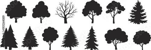 Tree silhouettes collection isolated on light background, deciduous and evergreen forest icons for nature, landscape, park, ecology and environmental design