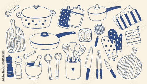 Hand drawn cooking utensils and kitchen tools in minimalist blue outline style. Home cooking vector set with pots, pans, knives and accessories for recipe design and culinary branding