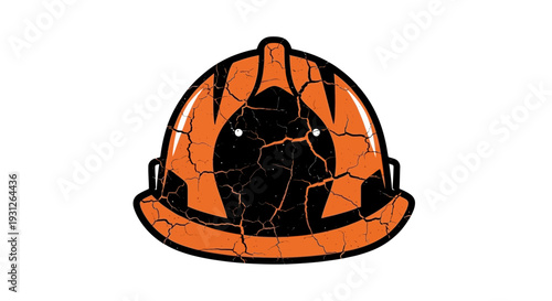 Cracked orange hard hat with black stripes on white background