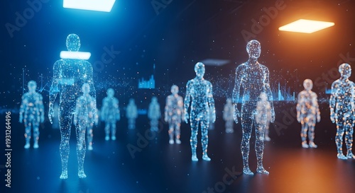 Crowd of glowing digital human silhouettes in a dark room. Data analytics and target audience. Futuristic crowd visualization with blue light particles and analytical data charts