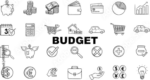 Budgeting and Finance Icons: Piggy Bank, Calculator, Wallet, Shopping Cart, Car, Pie Chart, Lightbulb  More
