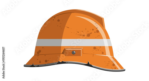 Orange construction hard hat with reflective stripe, isolated on white background
