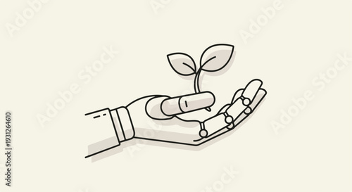 Robotic hand holding small green plant sprout line art illustration for sustainable technology concept