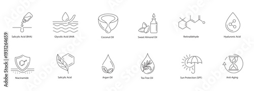 Clarifying Skincare Actives, Essential Oils, and Retinaldehyde Vector Icons Line Art