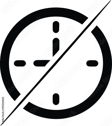 A black and white illustration of a clock face with a diagonal line